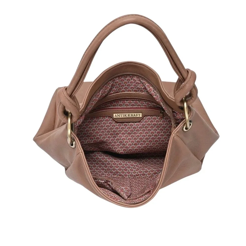 Antik Kraft Vegan Leather Hobo Bag Brown Ring Handle Slouchy Boho Shoulder Tote
